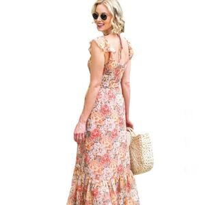 Wayf Valerie Blouson Midi Dress M Peach Floral Sleeveless Ruffle‎